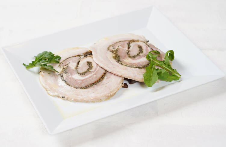 ＜前菜＞ポルケッタ(豚バラ肉のイタリア風香草焼き)淡路玉葱のアグロドルチェ添え