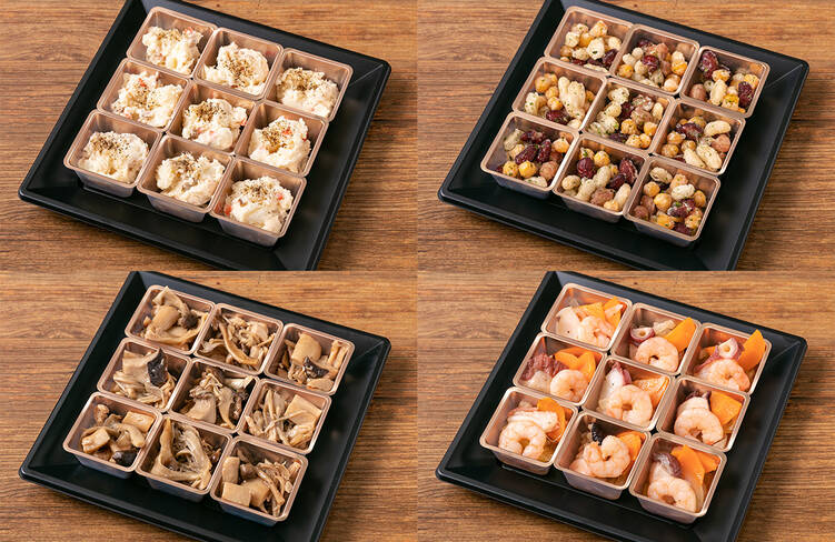 いぶりがっことポテトのサラダ/のり塩味の4種お豆フライ/山の幸のきのこマリネ/海の幸のマリネ