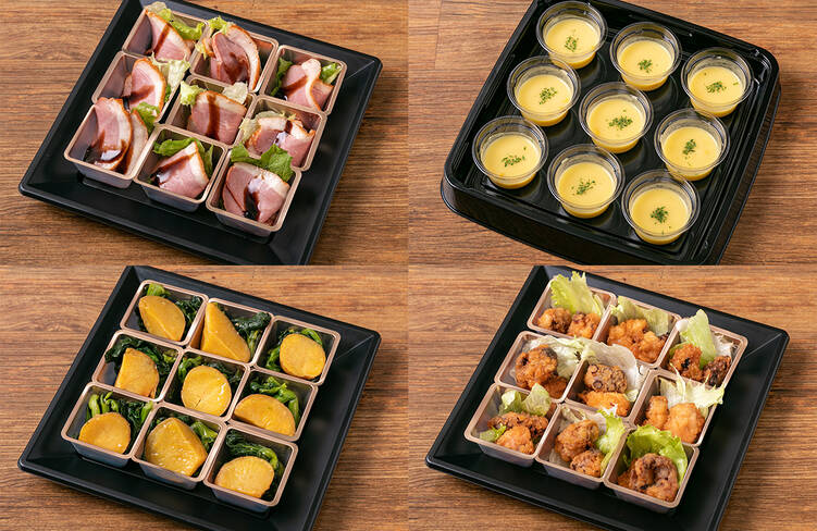 合鴨スモーク～バルサミコソース～/季節の冷製スープ/菜の花とインカの目覚めバター醤油仕立て/やみつきタコから揚げ