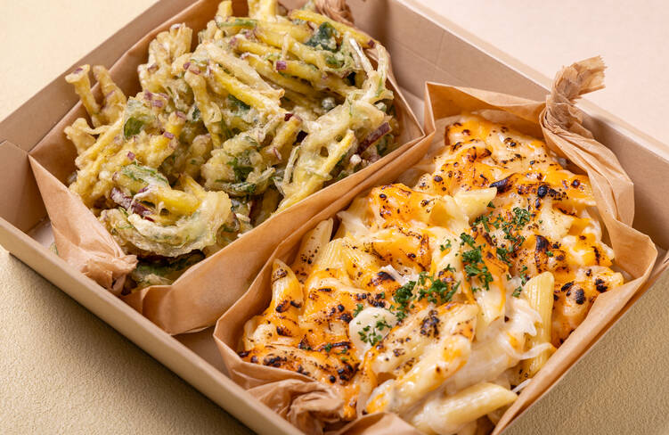 豚肉とさつまいものかき揚げ・白味噌べシャメルのペンネグラタン