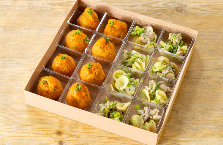 タラとジャガイモのまんまるコロッケ・自家製サルシッチャとブロッコリーのオレキエッテ(ショートパスタ)