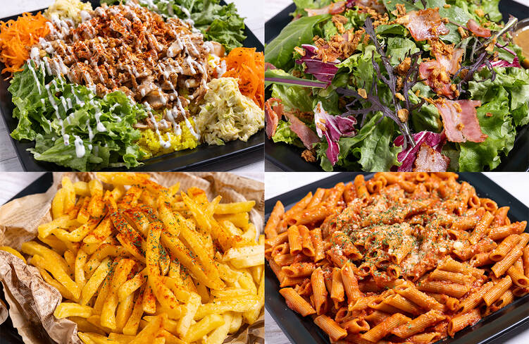 【オプション】NYチキンオーバーライス・フライドオニオンとベーコンのグリーンサラダ・ポテトフライ オリジナルシーズニング・ペンネ トマトソース