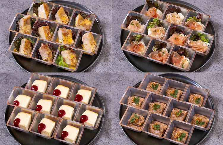 自家製スモークチキン ハニーマスタード、生ハムとポテトサラダ、和牛ブレンドミートパテ タスマニア産マスタードを添えて、本日のデザート