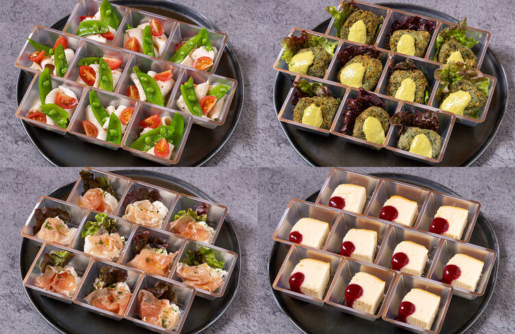 トリュフ香る鶏胸肉のマリネ、ポークカツのプロヴァンス風 グリーンマスタードソース、生ハムとポテトサラダ、本日のデザート