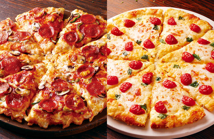 Lサイズ(33cm大)のピザを12カットでお届け！(マルゲリータ&times;2枚・ペパロニラバー&times;2枚)