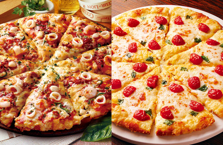 Lサイズ(33cm大)のピザを12カットでお届け！(マルゲリータ&times;2枚・シーフードイタリアーナ&times;2枚)