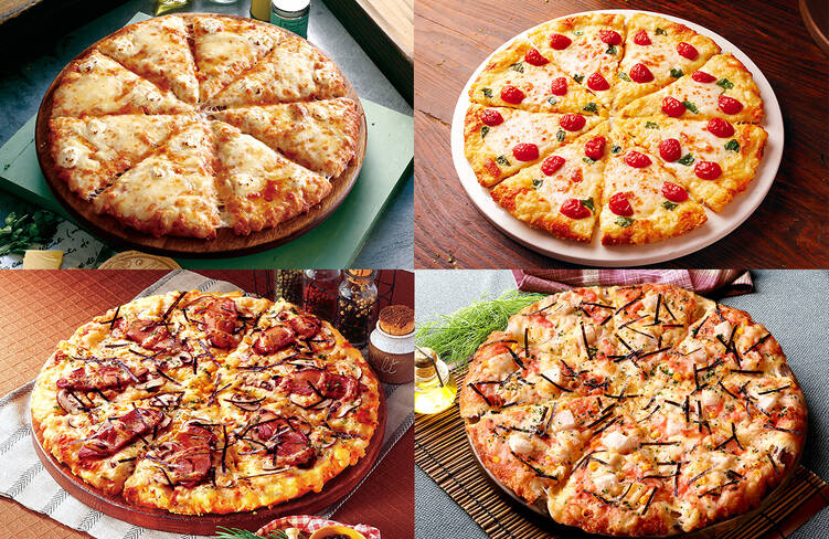 Lサイズ(33cm大)のピザを12カットでお届け！(マルゲリータ・もち明太・テリヤキチキン・チーズ＆ハニー)